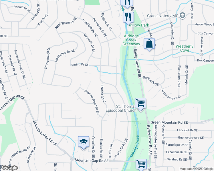 map of restaurants, bars, coffee shops, grocery stores, and more near 9920 Todd Mill Road Southeast in Huntsville