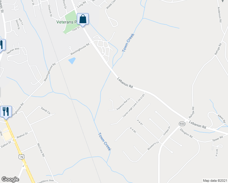 map of restaurants, bars, coffee shops, grocery stores, and more near 107 Margaret Mary Lane in Pendleton