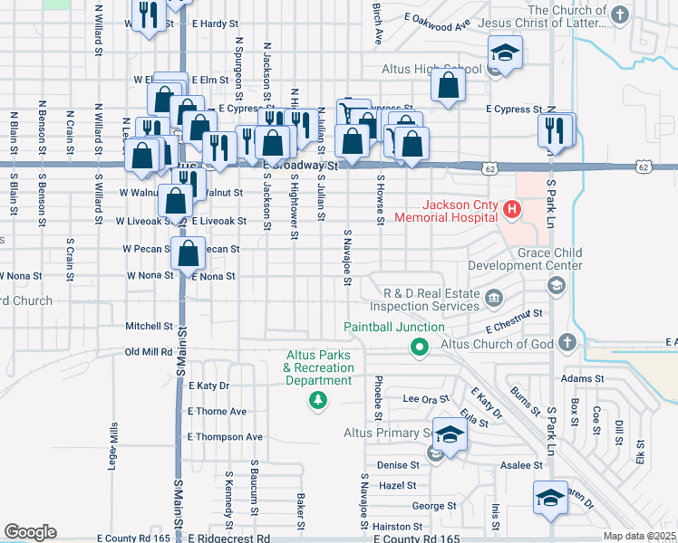 map of restaurants, bars, coffee shops, grocery stores, and more near 617 East Nona Street in Altus