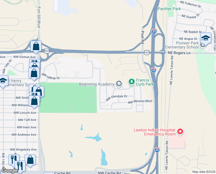 map of restaurants, bars, coffee shops, grocery stores, and more near 504 Northwest Woodridge Drive in Lawton