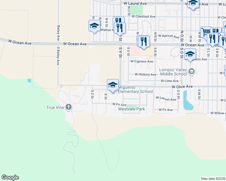 map of restaurants, bars, coffee shops, grocery stores, and more near 1600 West Olive Avenue in Lompoc