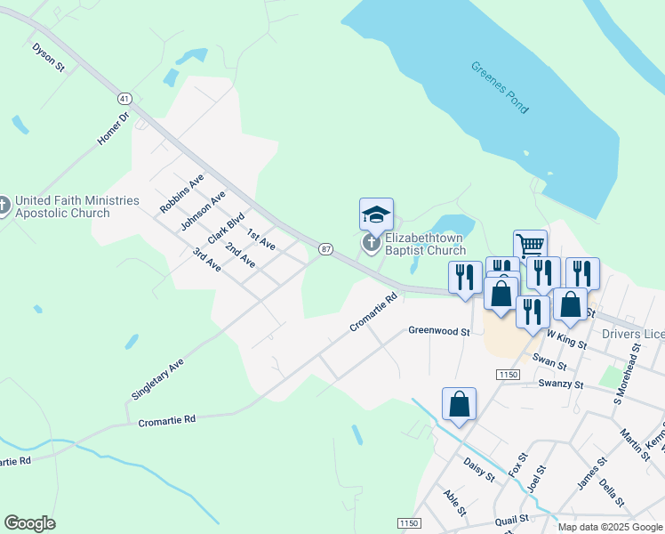 map of restaurants, bars, coffee shops, grocery stores, and more near 1903 West Broad Street in Elizabethtown