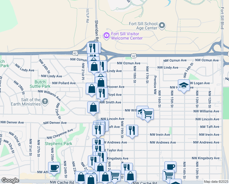 map of restaurants, bars, coffee shops, grocery stores, and more near 1907 Northwest Floyd Avenue in Lawton