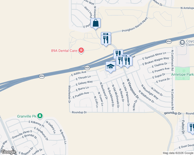map of restaurants, bars, coffee shops, grocery stores, and more near 7214 East Galaxy Way in Prescott Valley