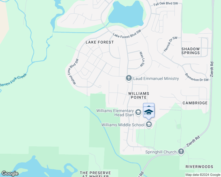 map of restaurants, bars, coffee shops, grocery stores, and more near 397 River Bend Drive Southwest in Huntsville