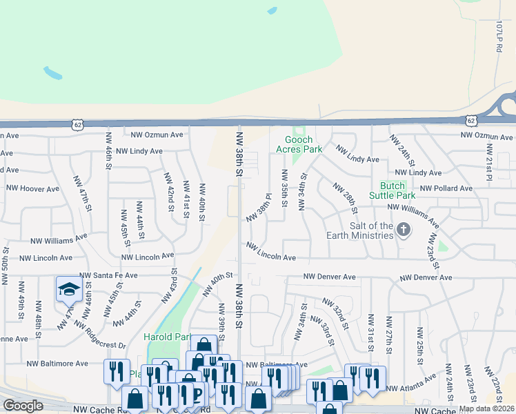 map of restaurants, bars, coffee shops, grocery stores, and more near 2306 Northwest 38th Place in Lawton