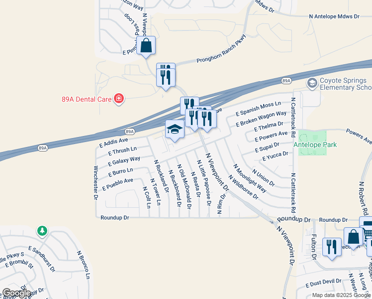 map of restaurants, bars, coffee shops, grocery stores, and more near 6350 North Little Papoose Drive in Prescott Valley