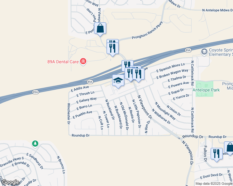 map of restaurants, bars, coffee shops, grocery stores, and more near 7388 East Horseshoe Lane in Prescott Valley