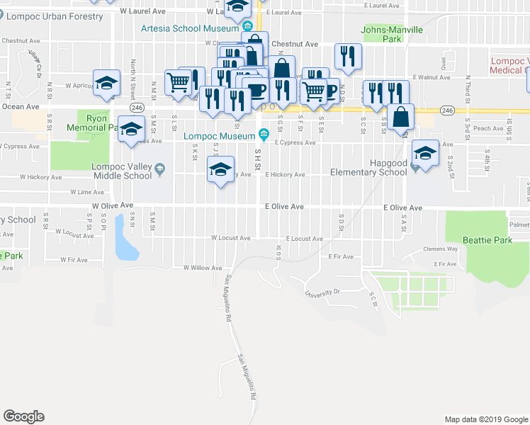 map of restaurants, bars, coffee shops, grocery stores, and more near 412 South H Street in Lompoc