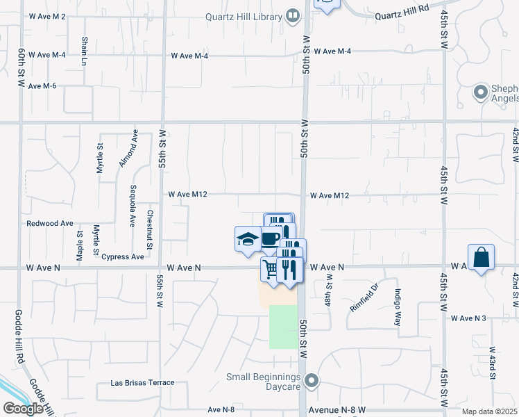 map of restaurants, bars, coffee shops, grocery stores, and more near 5125 Rela Way in Quartz Hill