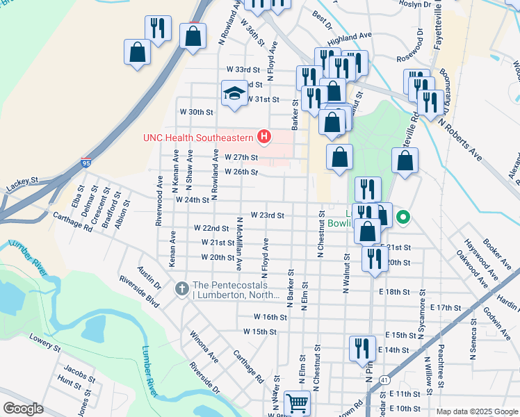 map of restaurants, bars, coffee shops, grocery stores, and more near 304 West 23rd Street in Lumberton