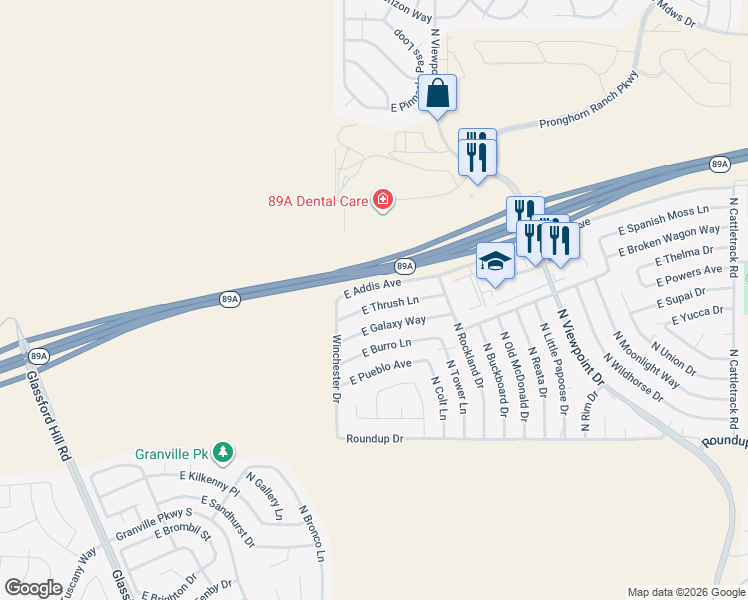 map of restaurants, bars, coffee shops, grocery stores, and more near 7034 East Thrush Lane in Prescott Valley