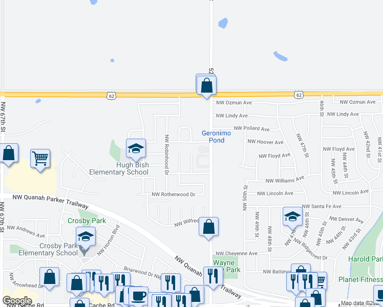 map of restaurants, bars, coffee shops, grocery stores, and more near 3250 Northwest Norman Circle in Lawton