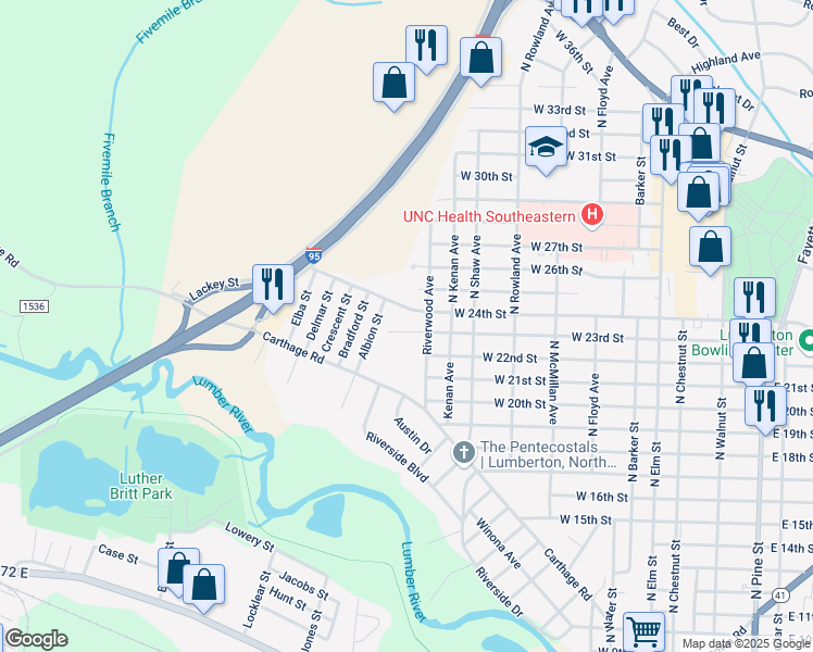 map of restaurants, bars, coffee shops, grocery stores, and more near 806 West 23rd Street in Lumberton