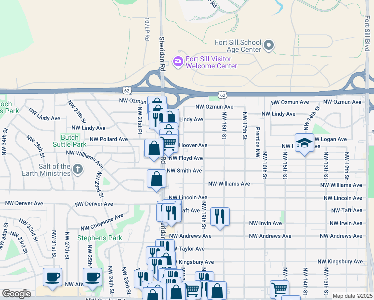 map of restaurants, bars, coffee shops, grocery stores, and more near 1907 Northwest Floyd Avenue in Lawton