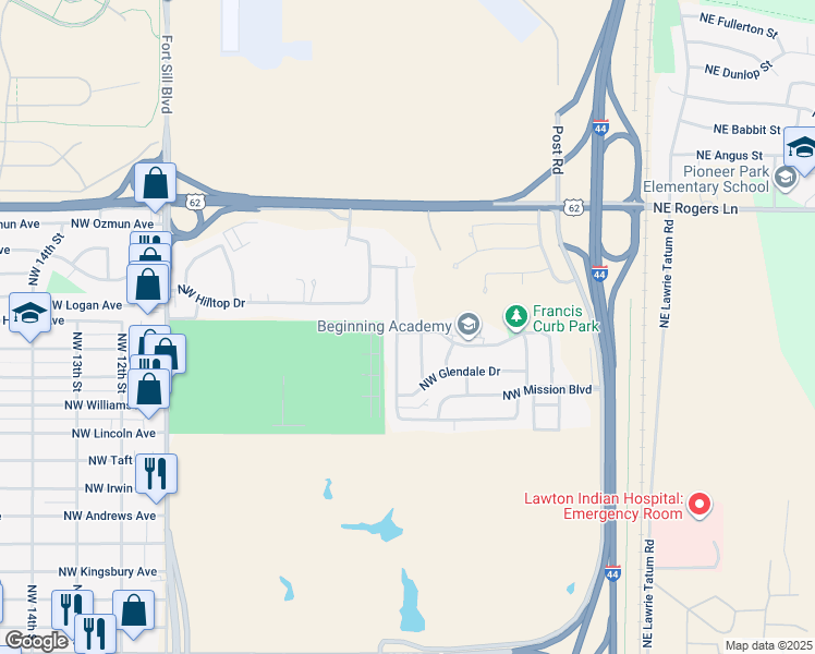 map of restaurants, bars, coffee shops, grocery stores, and more near 521 Northwest Woodridge Drive in Lawton