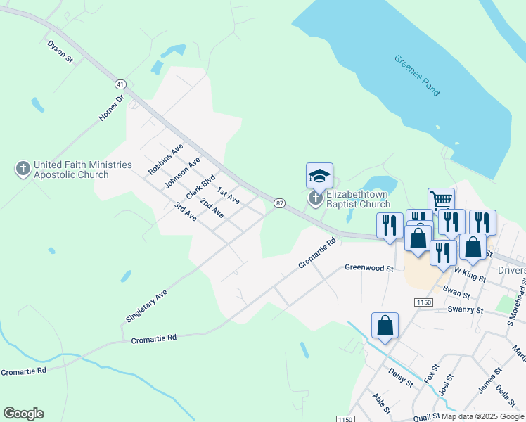 map of restaurants, bars, coffee shops, grocery stores, and more near 106 Singletary Avenue in Elizabethtown