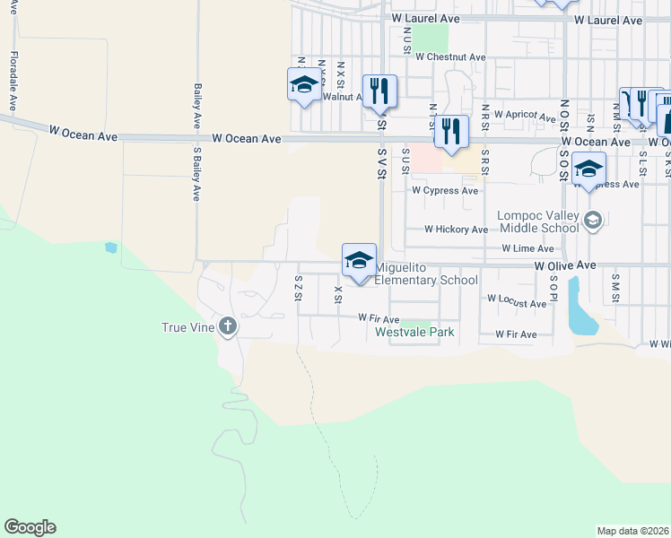 map of restaurants, bars, coffee shops, grocery stores, and more near 1600 West Olive Avenue in Lompoc