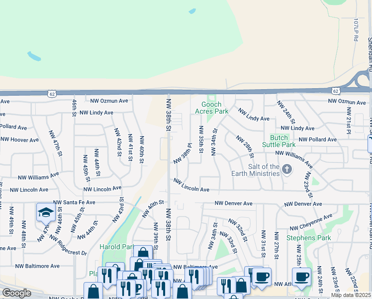 map of restaurants, bars, coffee shops, grocery stores, and more near 2316 Northwest 38th Place in Lawton