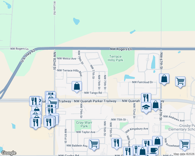 map of restaurants, bars, coffee shops, grocery stores, and more near 2322 Northwest 76th Street in Lawton