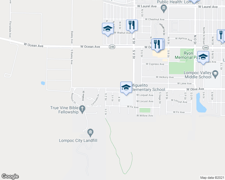 map of restaurants, bars, coffee shops, grocery stores, and more near 1801 West Loquat Avenue in Lompoc