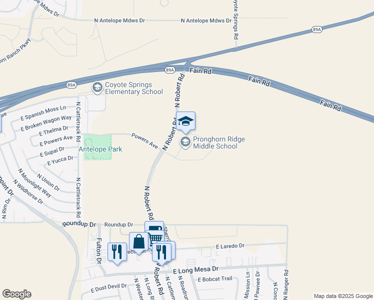 map of restaurants, bars, coffee shops, grocery stores, and more near 6411 North Robert Road in Prescott Valley