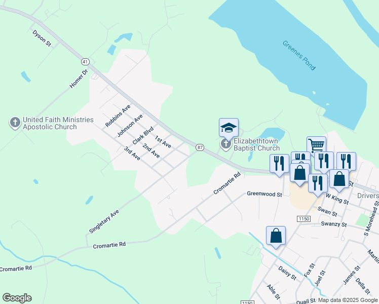 map of restaurants, bars, coffee shops, grocery stores, and more near 106 Singletary Avenue in Elizabethtown