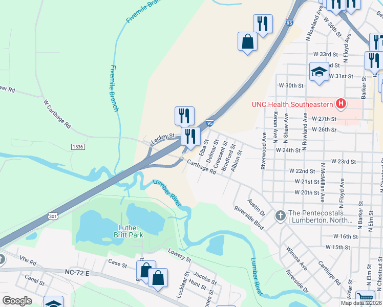 map of restaurants, bars, coffee shops, grocery stores, and more near 1950 Carthage Road in Lumberton