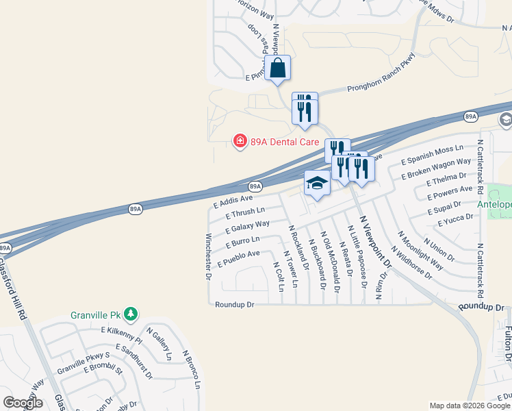 map of restaurants, bars, coffee shops, grocery stores, and more near 7131 East Thrush Lane in Prescott Valley