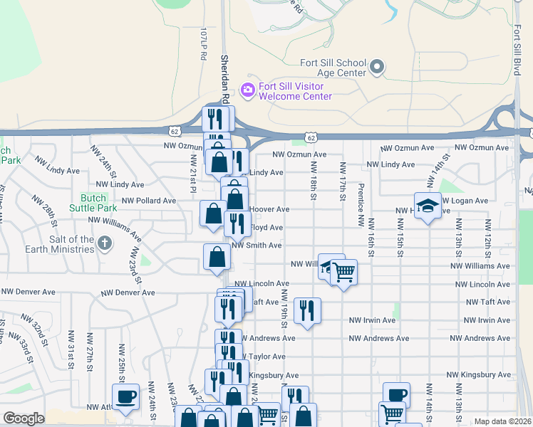 map of restaurants, bars, coffee shops, grocery stores, and more near 1907 Northwest Floyd Avenue in Lawton