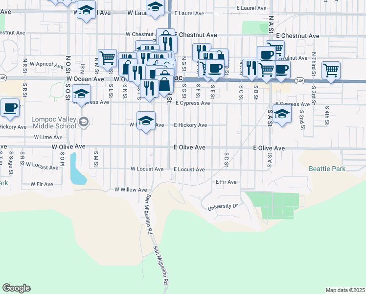 map of restaurants, bars, coffee shops, grocery stores, and more near 414 South G Street in Lompoc