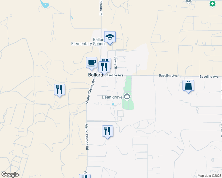 map of restaurants, bars, coffee shops, grocery stores, and more near 1750 Cottonwood Street in Solvang
