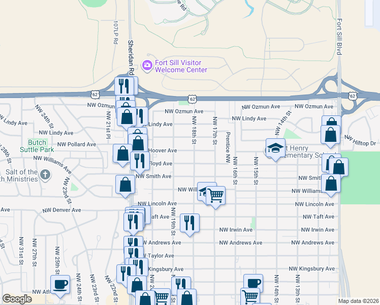 map of restaurants, bars, coffee shops, grocery stores, and more near 1811 Northwest Floyd Avenue in Lawton