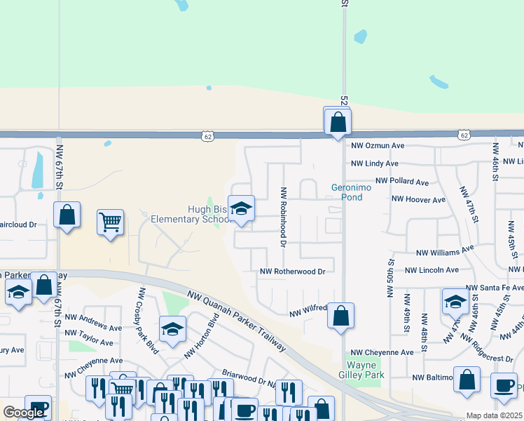 map of restaurants, bars, coffee shops, grocery stores, and more near 5505 Northwest Allan-A-Dale Lane in Lawton