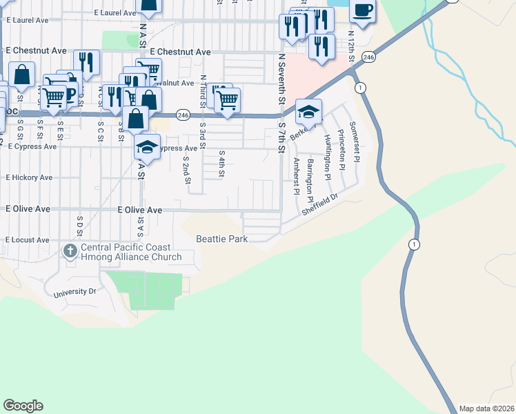 map of restaurants, bars, coffee shops, grocery stores, and more near 1309 East Olive Avenue in Lompoc