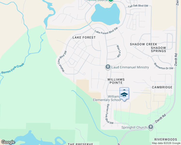 map of restaurants, bars, coffee shops, grocery stores, and more near 396 River Bend Drive Southwest in Huntsville