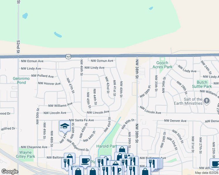 map of restaurants, bars, coffee shops, grocery stores, and more near 2408 Northwest 41st Street in Lawton