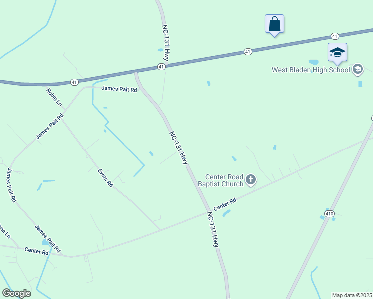 map of restaurants, bars, coffee shops, grocery stores, and more near 7365 North Carolina 131 Highway in Bladenboro