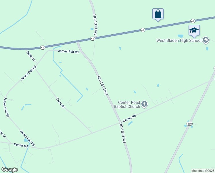 map of restaurants, bars, coffee shops, grocery stores, and more near 7365 North Carolina 131 Highway in Bladenboro
