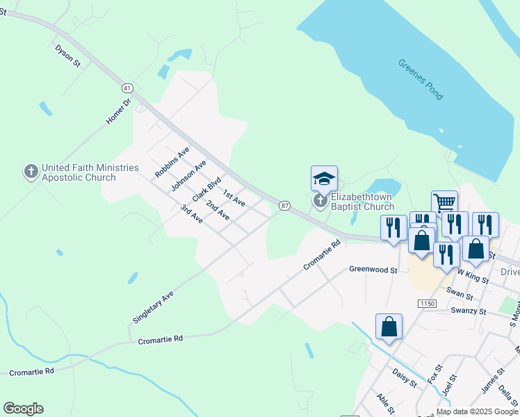 map of restaurants, bars, coffee shops, grocery stores, and more near 105 Jessup Avenue in Elizabethtown