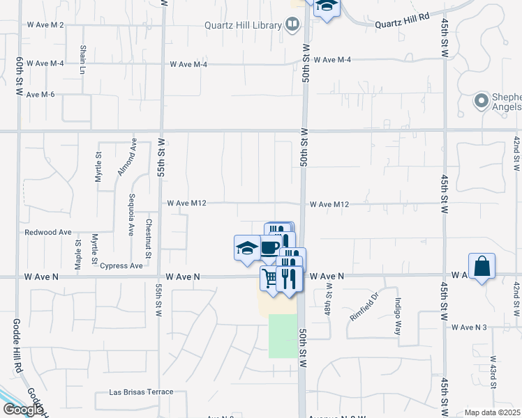 map of restaurants, bars, coffee shops, grocery stores, and more near 5130 West Avenue M12 in Quartz Hill