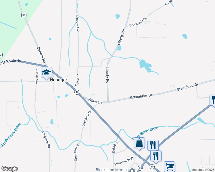 map of restaurants, bars, coffee shops, grocery stores, and more near 157 Liberty Road in Henagar