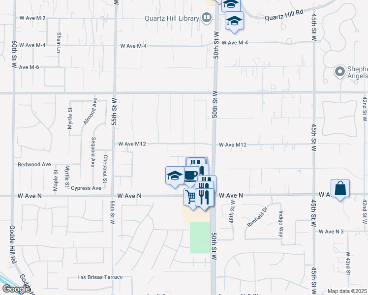 map of restaurants, bars, coffee shops, grocery stores, and more near 5130 West Avenue M12 in Quartz Hill