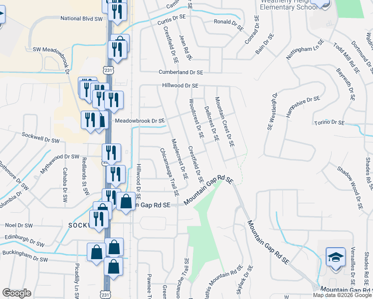 map of restaurants, bars, coffee shops, grocery stores, and more near 11312 Crestfield Drive Southeast in Huntsville
