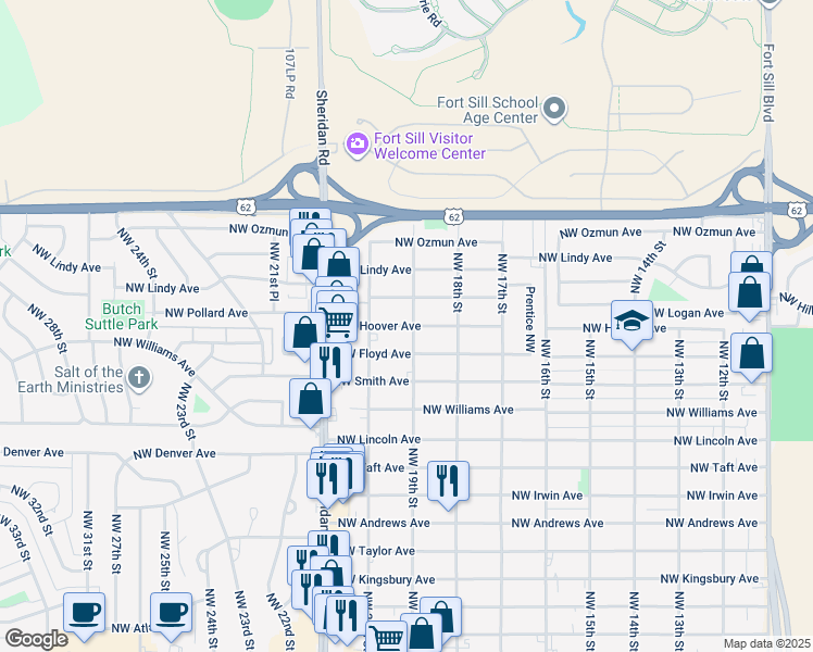 map of restaurants, bars, coffee shops, grocery stores, and more near 1910 Northwest Pollard Avenue in Lawton