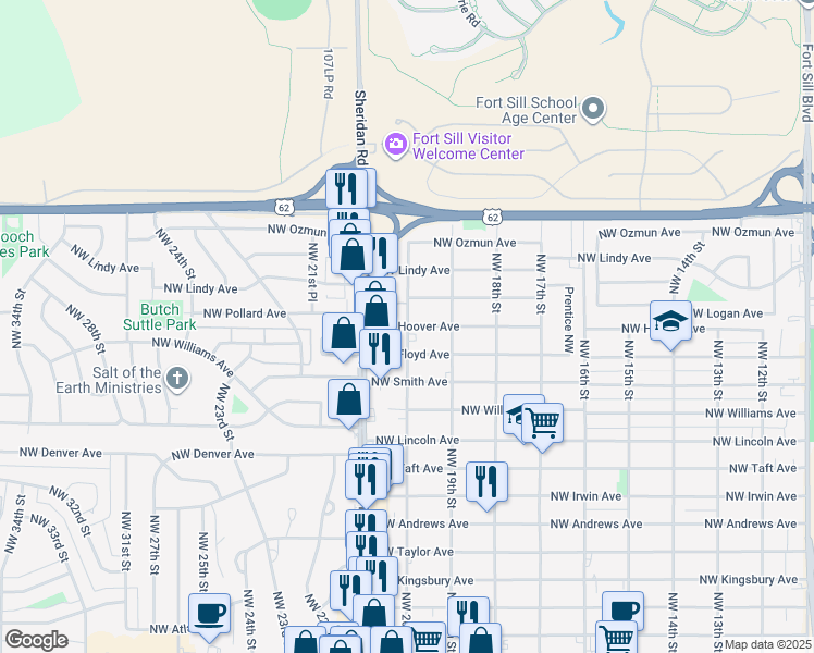 map of restaurants, bars, coffee shops, grocery stores, and more near 2009 Northwest Hoover Avenue in Lawton