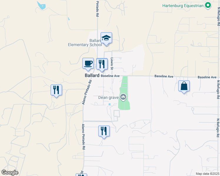 map of restaurants, bars, coffee shops, grocery stores, and more near 1751 Lewis Street in Solvang