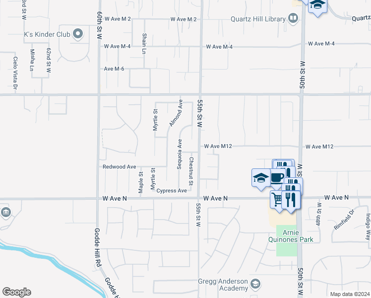 map of restaurants, bars, coffee shops, grocery stores, and more near 5535 Pine Avenue in Quartz Hill