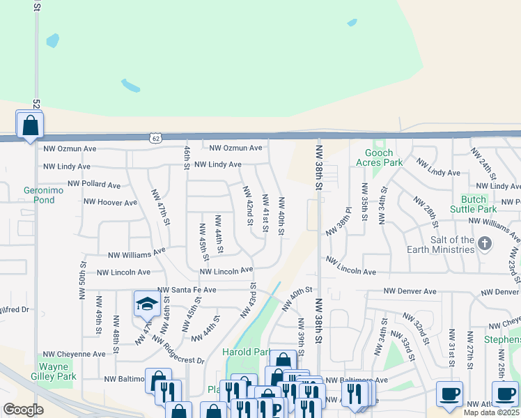 map of restaurants, bars, coffee shops, grocery stores, and more near 2418 Northwest 41st Street in Lawton
