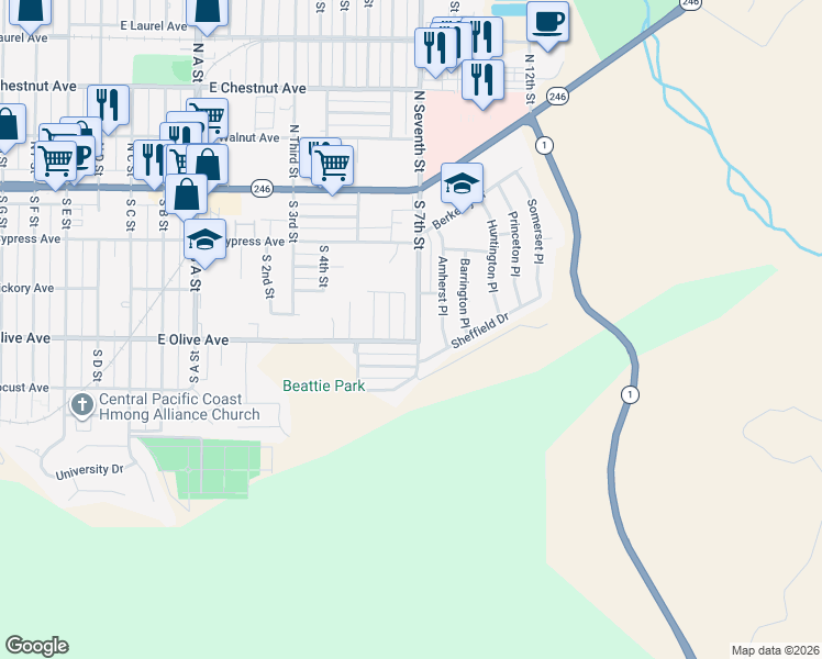 map of restaurants, bars, coffee shops, grocery stores, and more near 327 South 7th Street in Lompoc